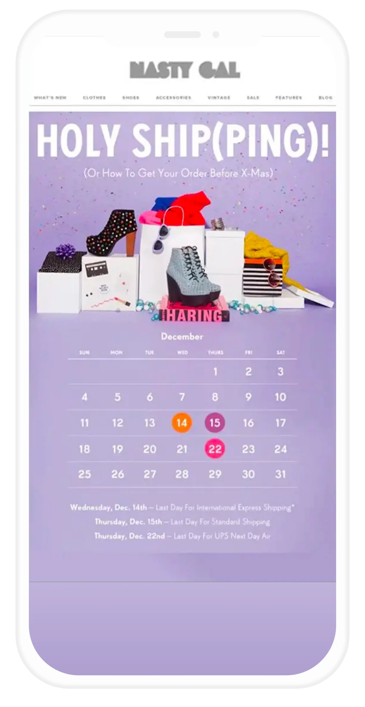 Nasty Gal email with calendar reminder