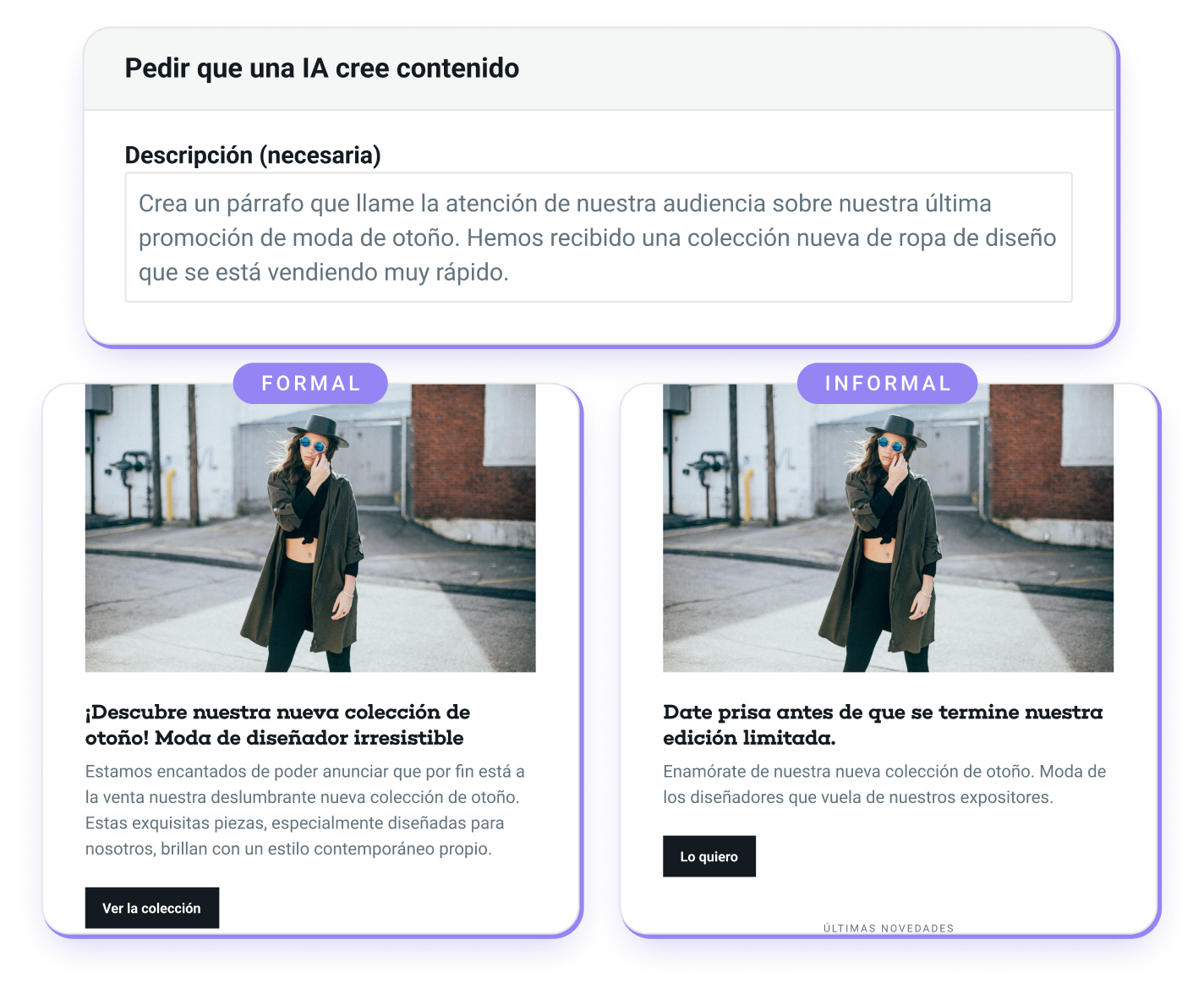 Muestra de las opciones de tono de voz del Generador con IA de Mailjet