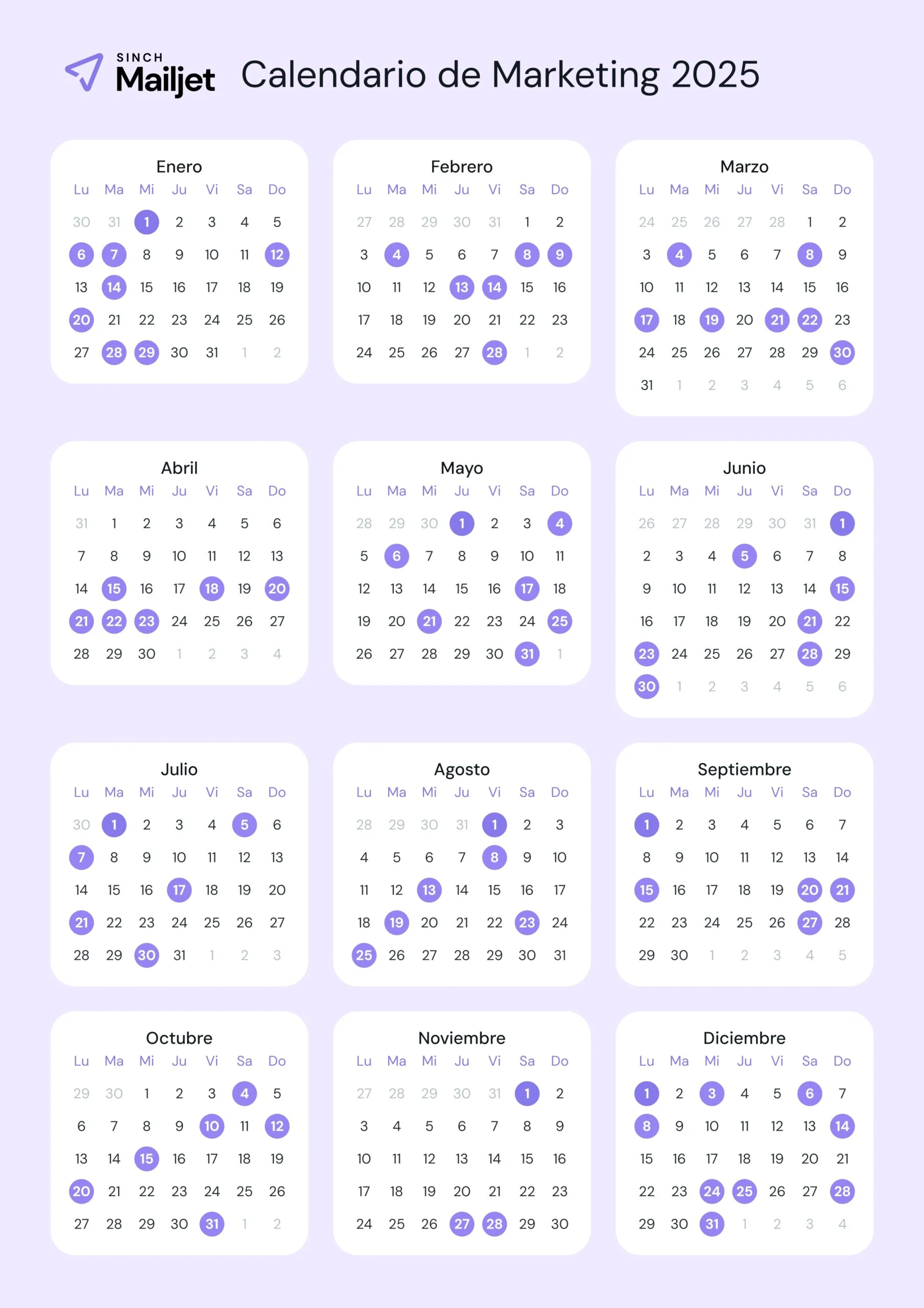 Calendario de marketing de 2025 con todas las fechas destacadas para este año.