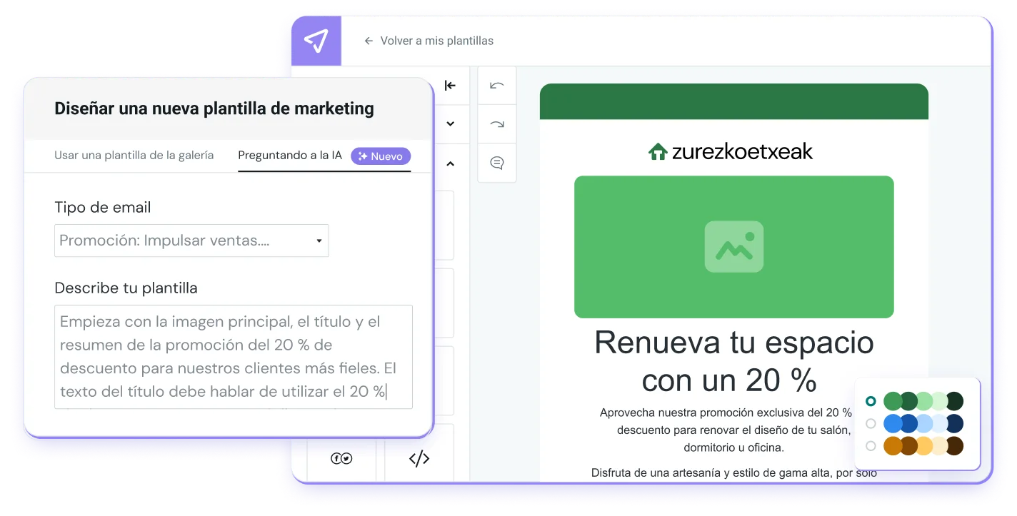 Generador de texto con IA de Mailjet con la pantalla de un móvil y la ilustración de una diosa.