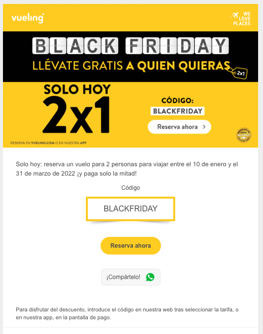 Captura de pantalla del email de Vueling para Black Friday.