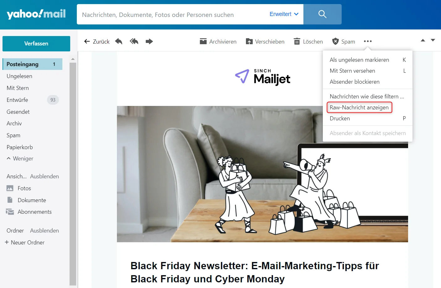 Email Header finden Yahoo