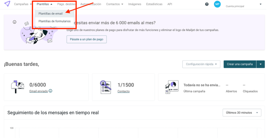 Captura de pantalla de página inicial de Mailjet.