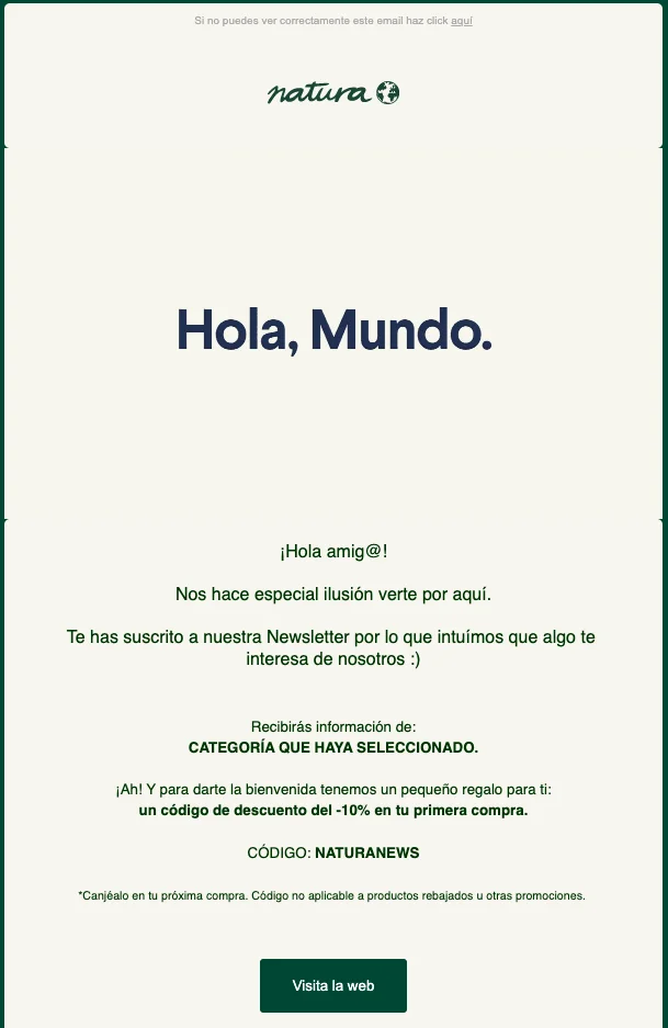 Captura de pantalla del email de bienvenida de Natura.