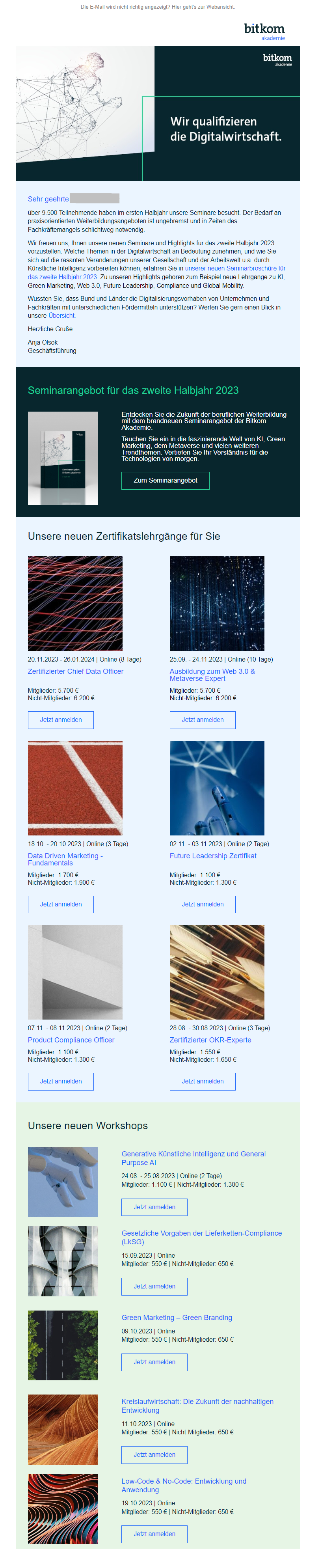 Screenshot der Bitkom Akademie, die zu Kursen, Worshops und Events einlädt