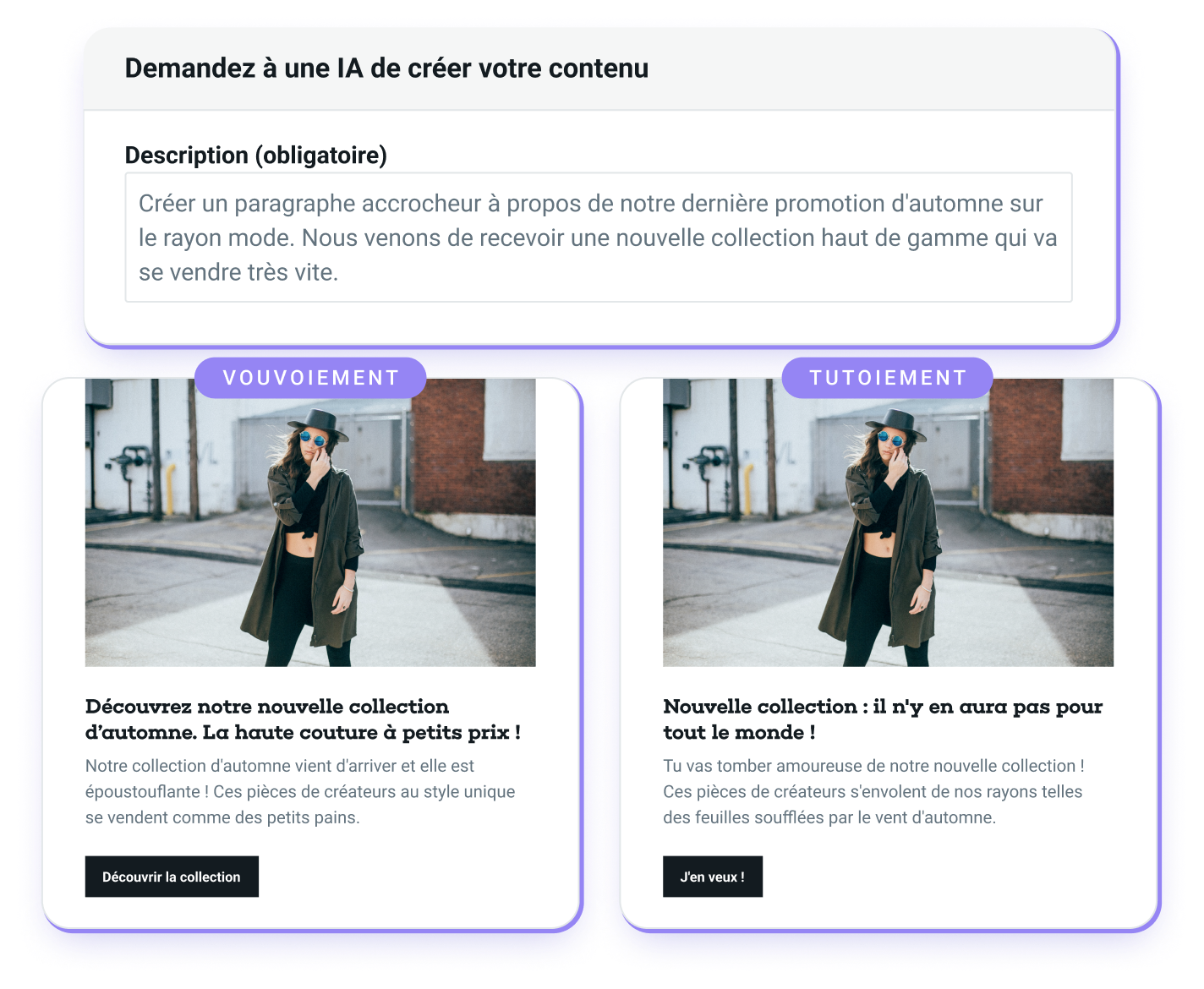 Capture d’écran illustrant les différents niveaux de tons du générateur de texte par IA.
