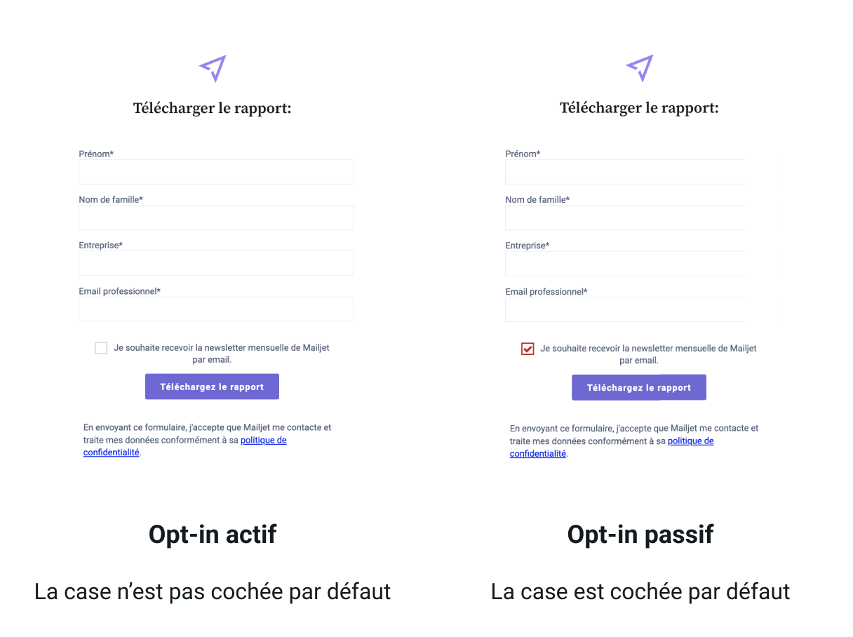 Deux exemples de formulaires opt in, l’un actif, l’autre passif