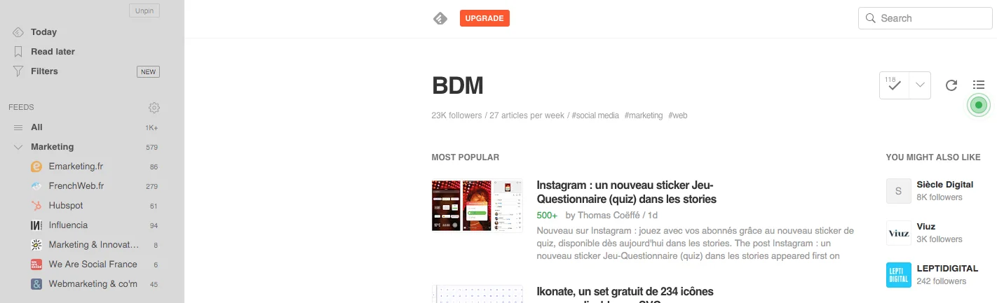 Capture d’écran de l’interface utilisateur de Feedly