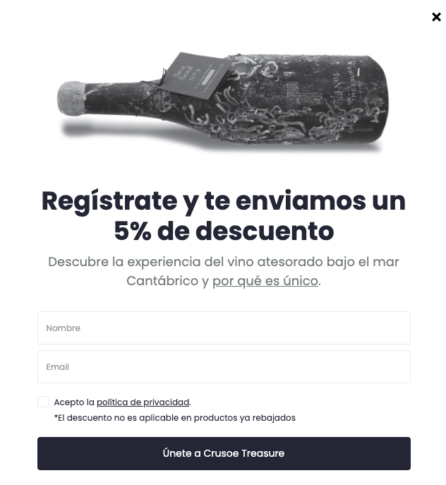 Formulario de inscripción para una lista de correo de una bodega