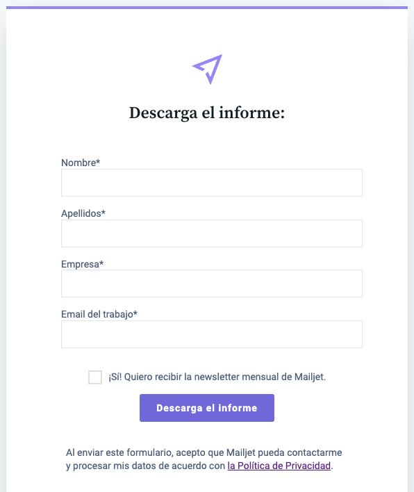 Formulario de descarga de nuestros informes Prémium, con su correspondiente casilla de opt in a nuestra newsletter.