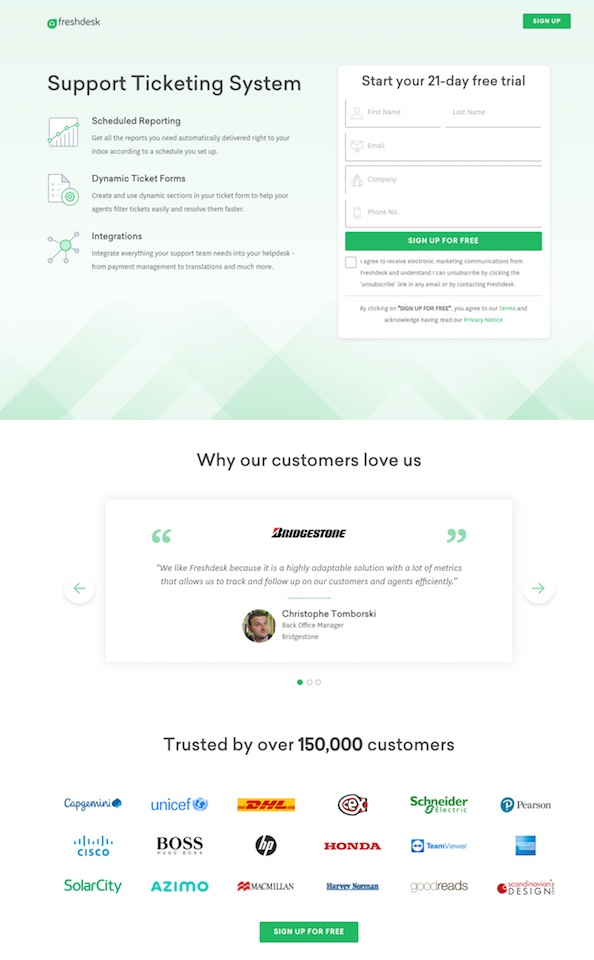 Ejemplo de página de destino con lista de beneficios y prueba social de Freshdesk.