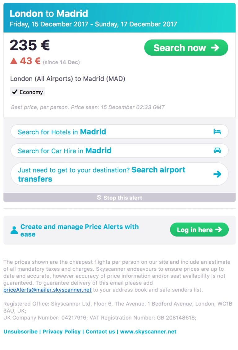 Price rise London to Madrid