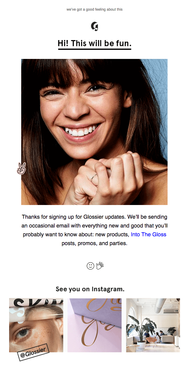 Glossier's welcome email has social links at the bottom