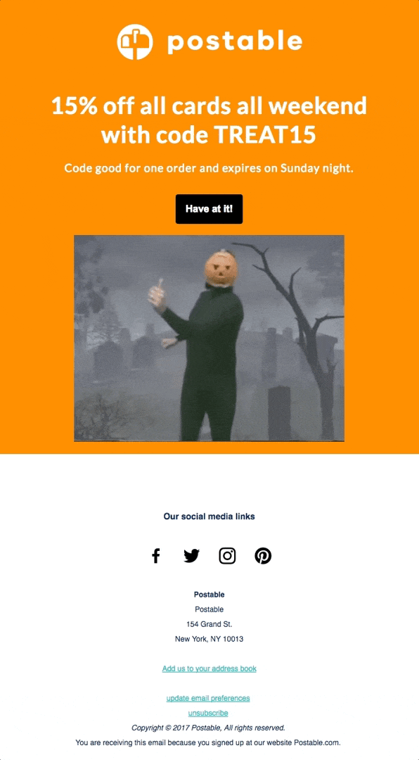 Halloween email campaign including GIF and promo code.