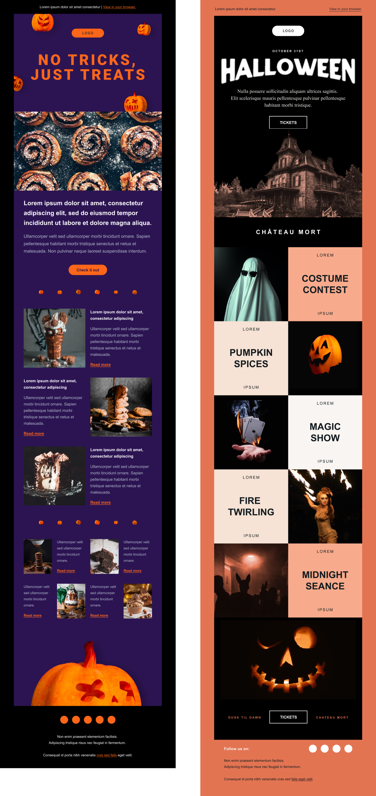 Captures d’écran des deux modèles d’emails d’Halloween disponibles dans Mailjet