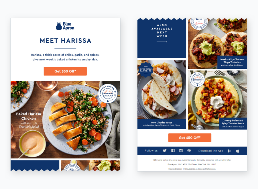 Example of Blue Apron's brand identity in an email