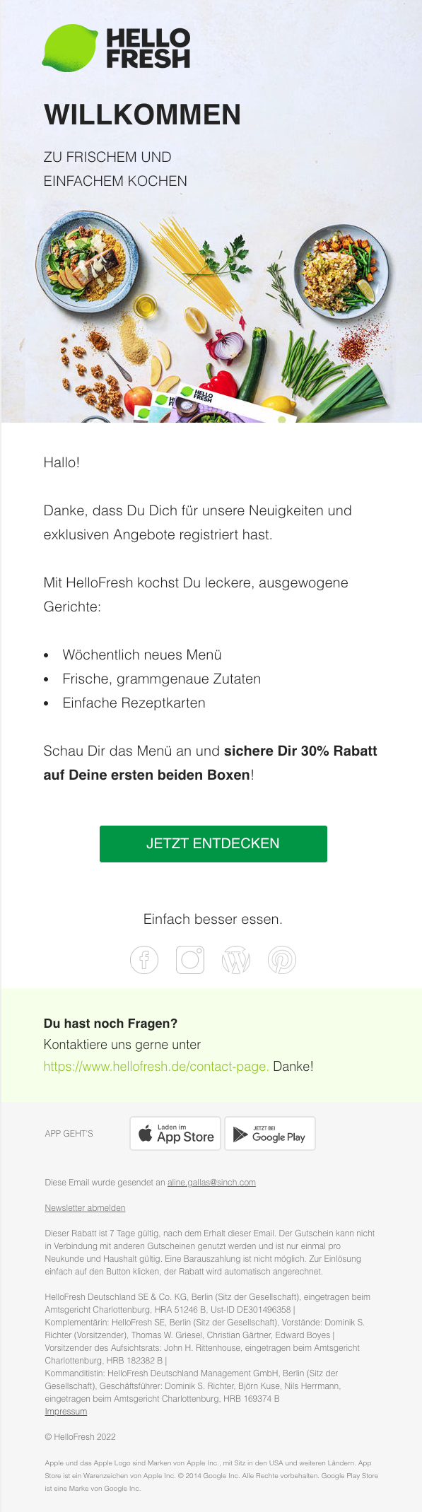 Abbildung einer Willkommens-Mail von HelloFresh mit einem Rabatt und ansprechendem Bild.