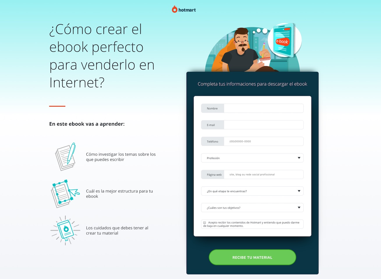 Ejemplo de página de destino para descargar un ebook de Hotmart.