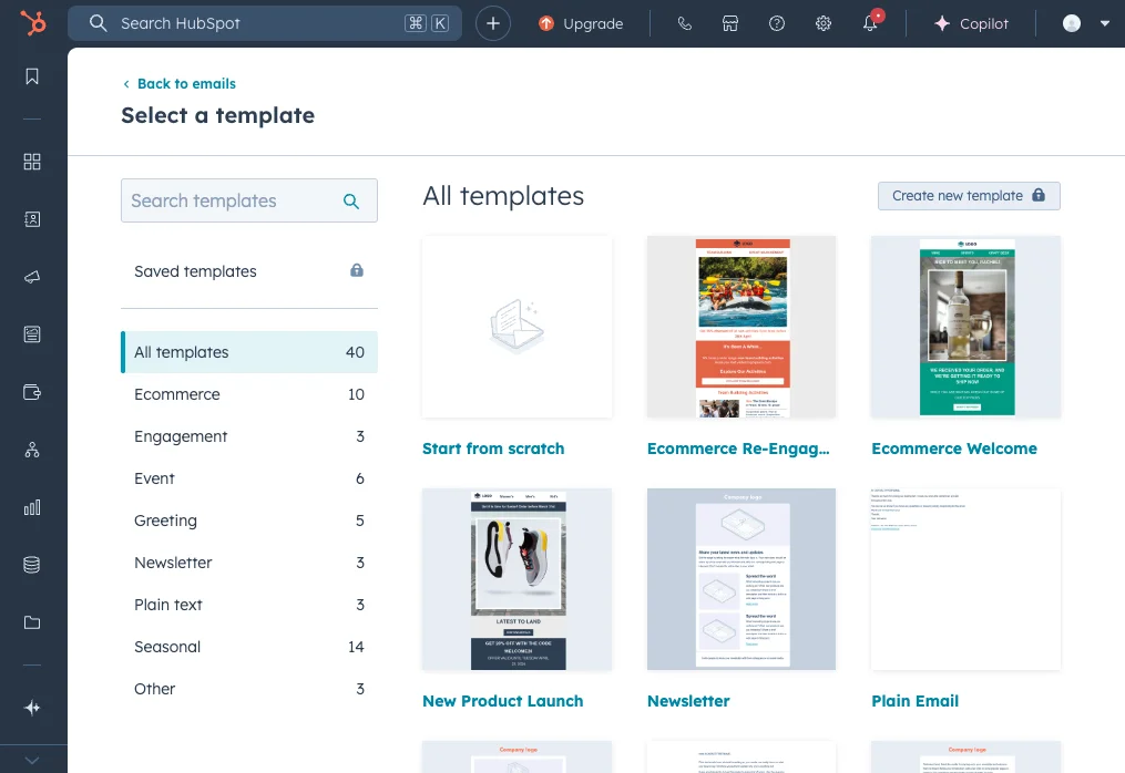 Screenshot of the template gallery for HubSpot