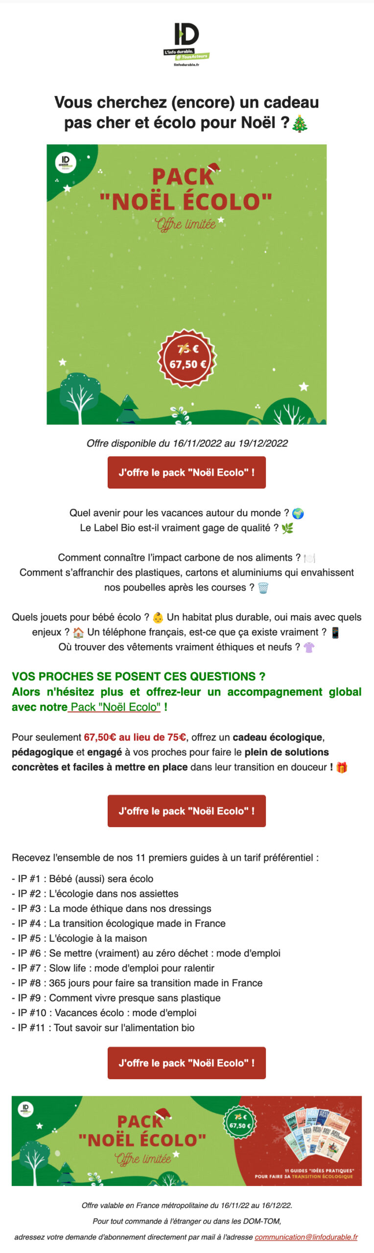 Newsletter de Noël d'ID, L’Info Durable avec pack de fêtes