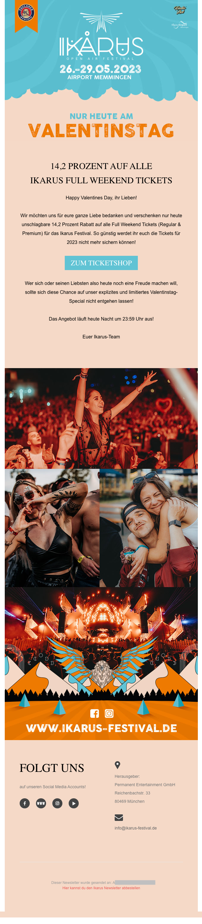 Newsletter des IKARUS-Festivals der am Valentinstag verschickt wird und in dem 14,2 % Rabatt angeboten werden.