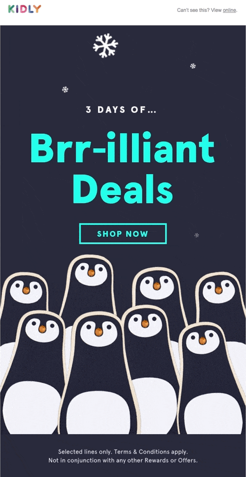 Black Friday email with bouncing penguin GIF