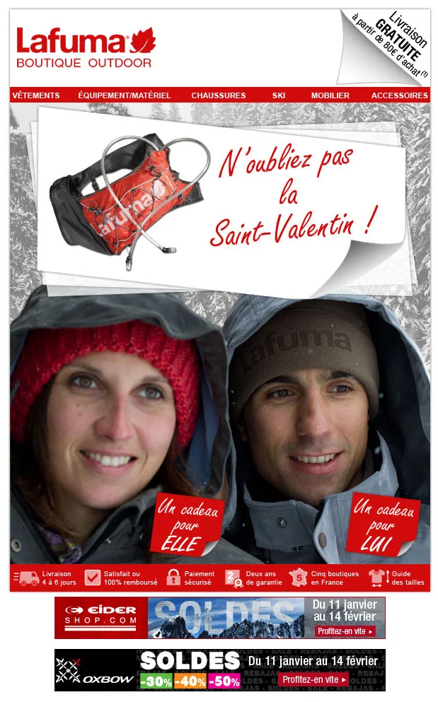 Un email de St-Valentin de Lafuma, avec des offres pour elle et lui