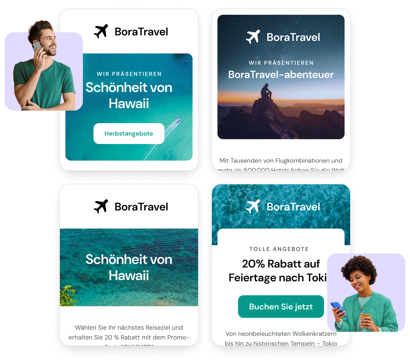 Abbildung, die 4 verschiedene Versionen eines Newsletters nebeneinander zeigt, damit Sie beim A/B-Testing miteinander verglichen werden können.