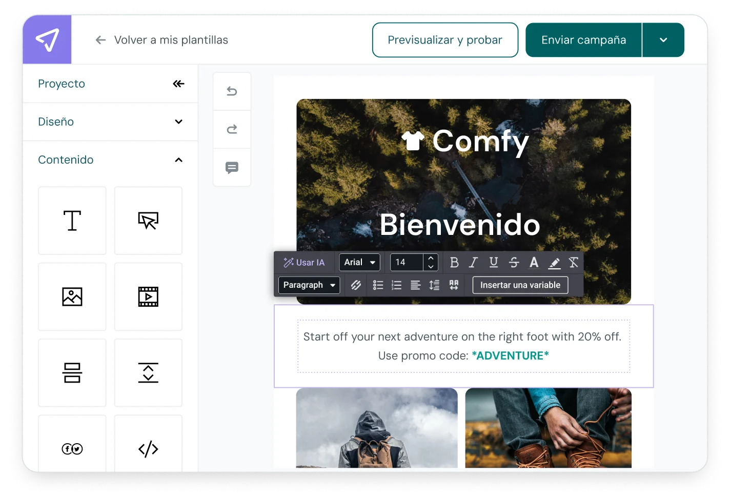 Generador de textos con IA de Mailjet dentro del Editor de emails