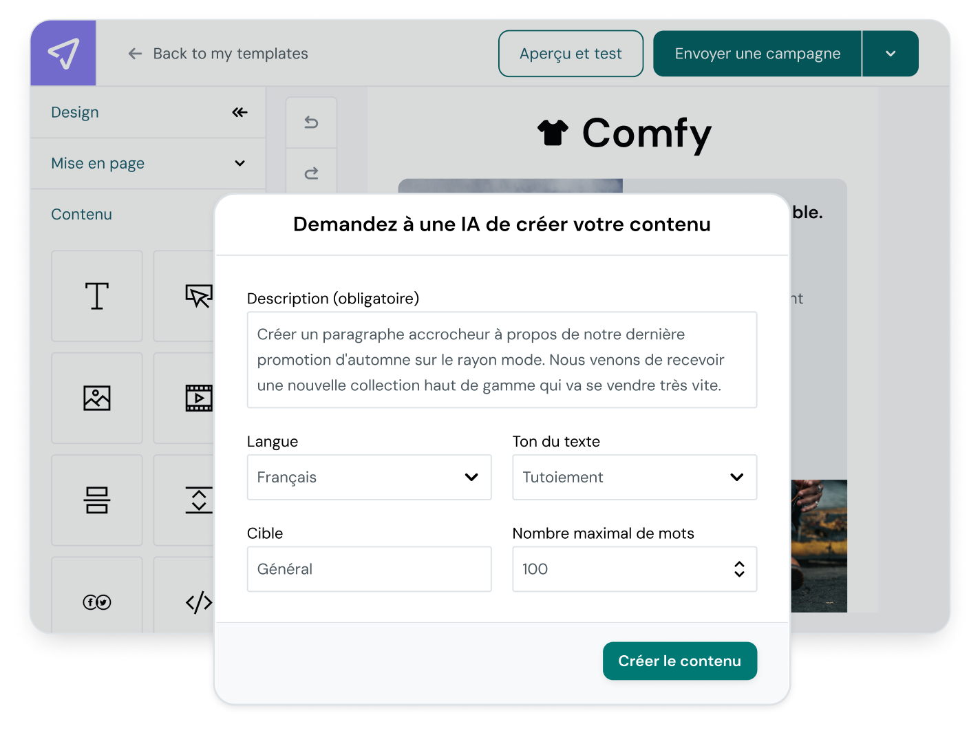 Capture d’écran des différents champs à remplir du générateur de texte par IA