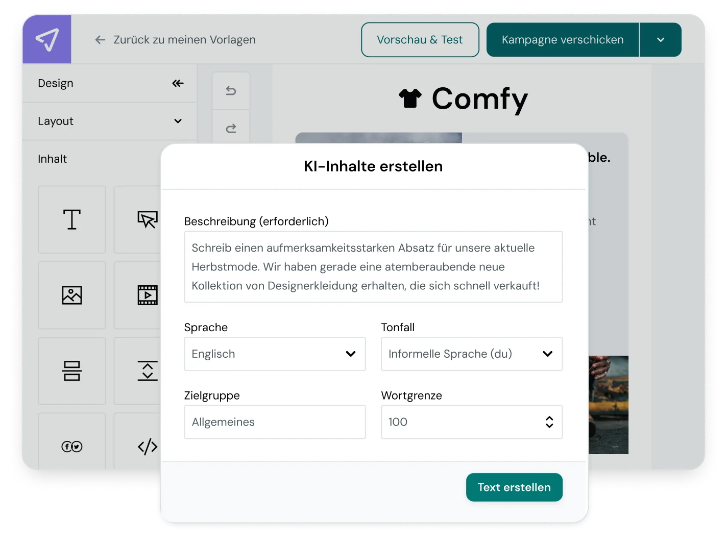 Das Layout des KI-Textgenerators von Mailjet, mit Beschreibungsoptionen
