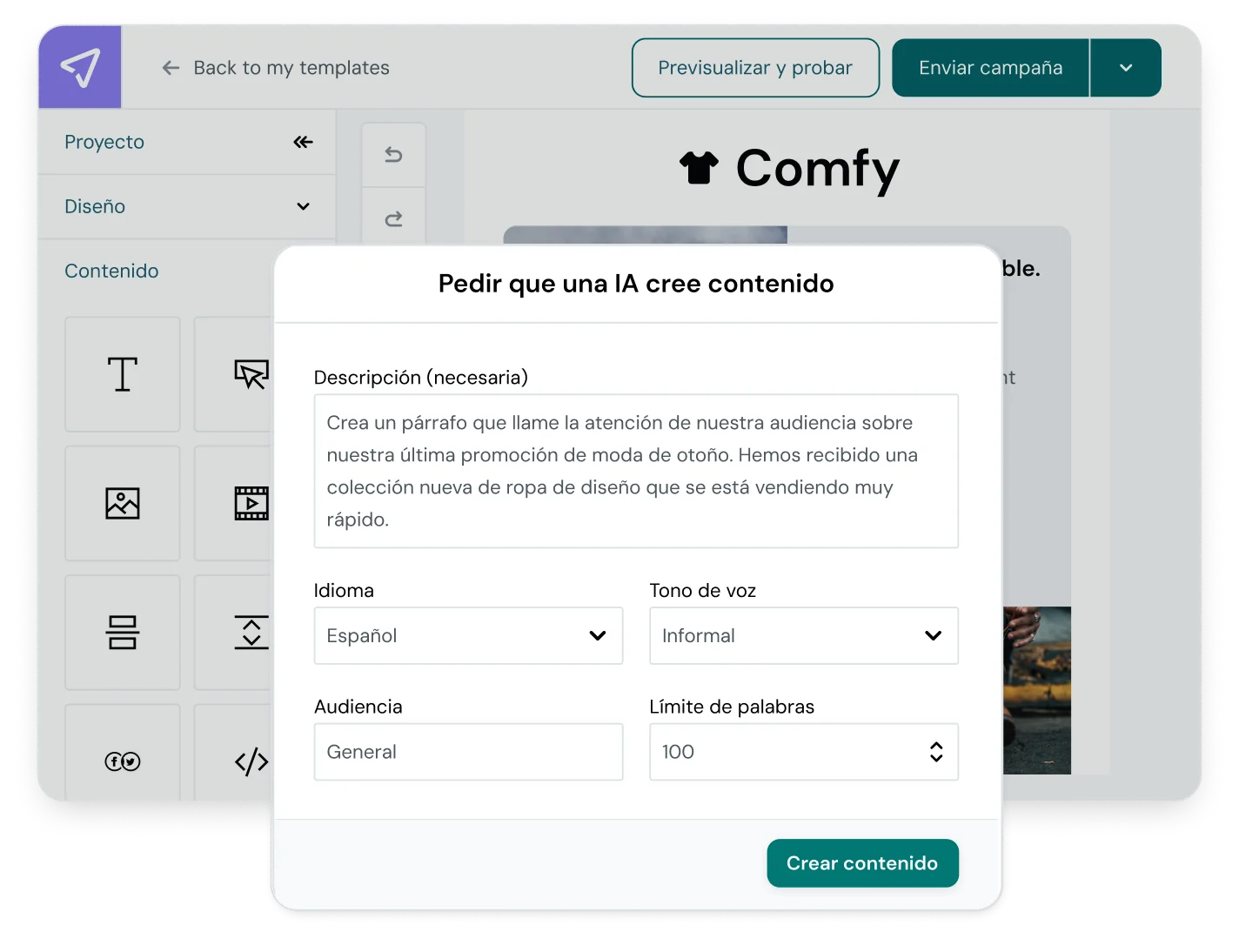 Interfaz del Generador con IA de Mailjet donde se introducen las opciones e instrucciones