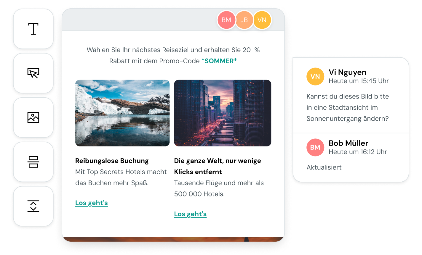 Der E-Mail-Editor von Mailgun und das Feature für Echtzeit-Zusammenarbeit ermöglichen einen agilen Designprozess.