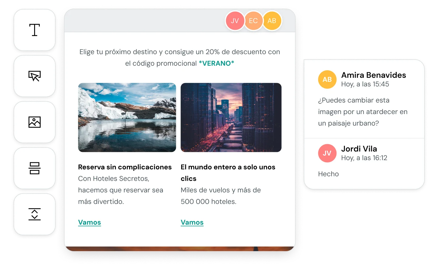 El editor de emails y la función de colaboración de Mailgun hacen posible un proceso de diseño ágil.