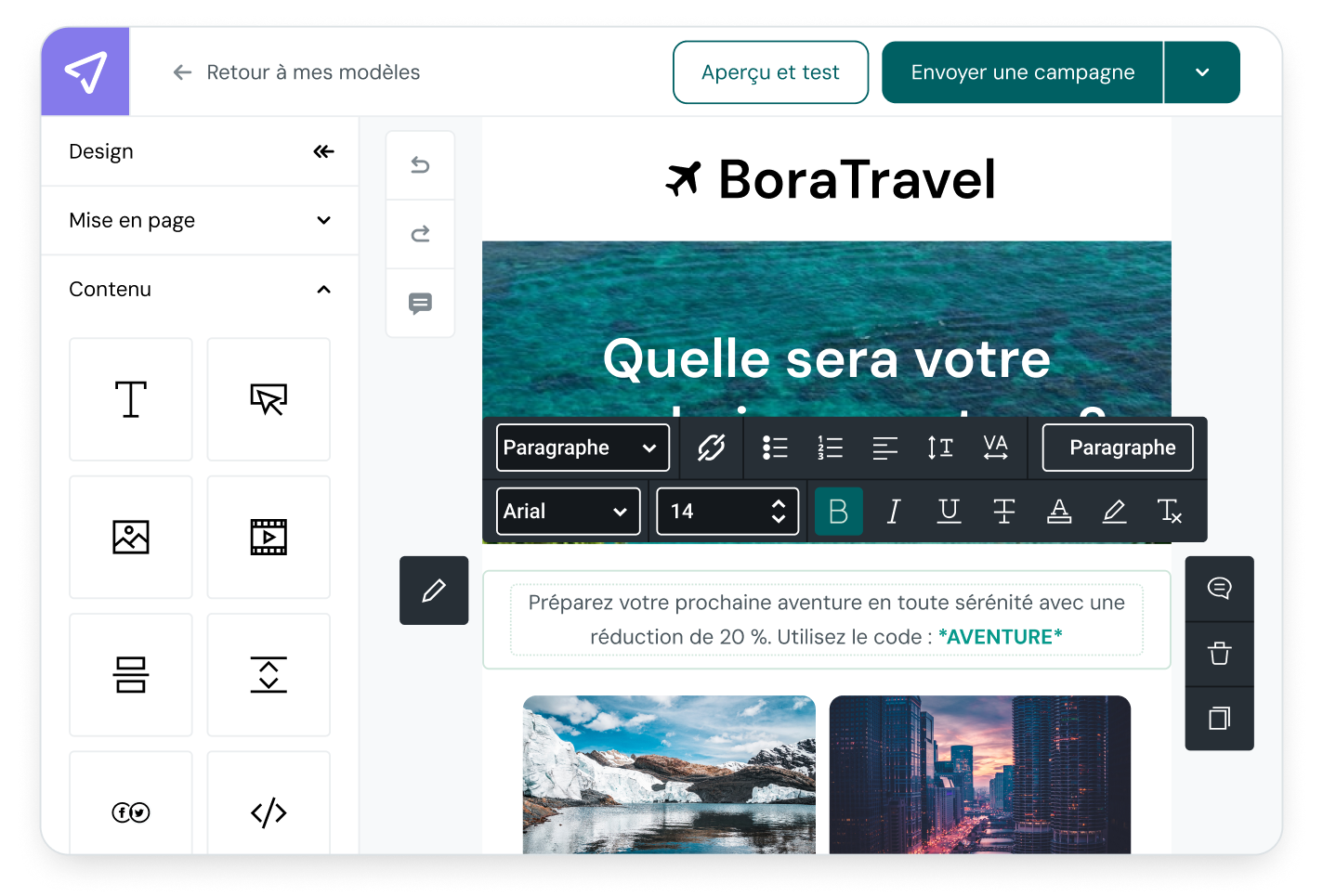 Des options de l’éditeur d’emails de Mailjet pour créer des emails personnalisés, adaptés à vos besoins.