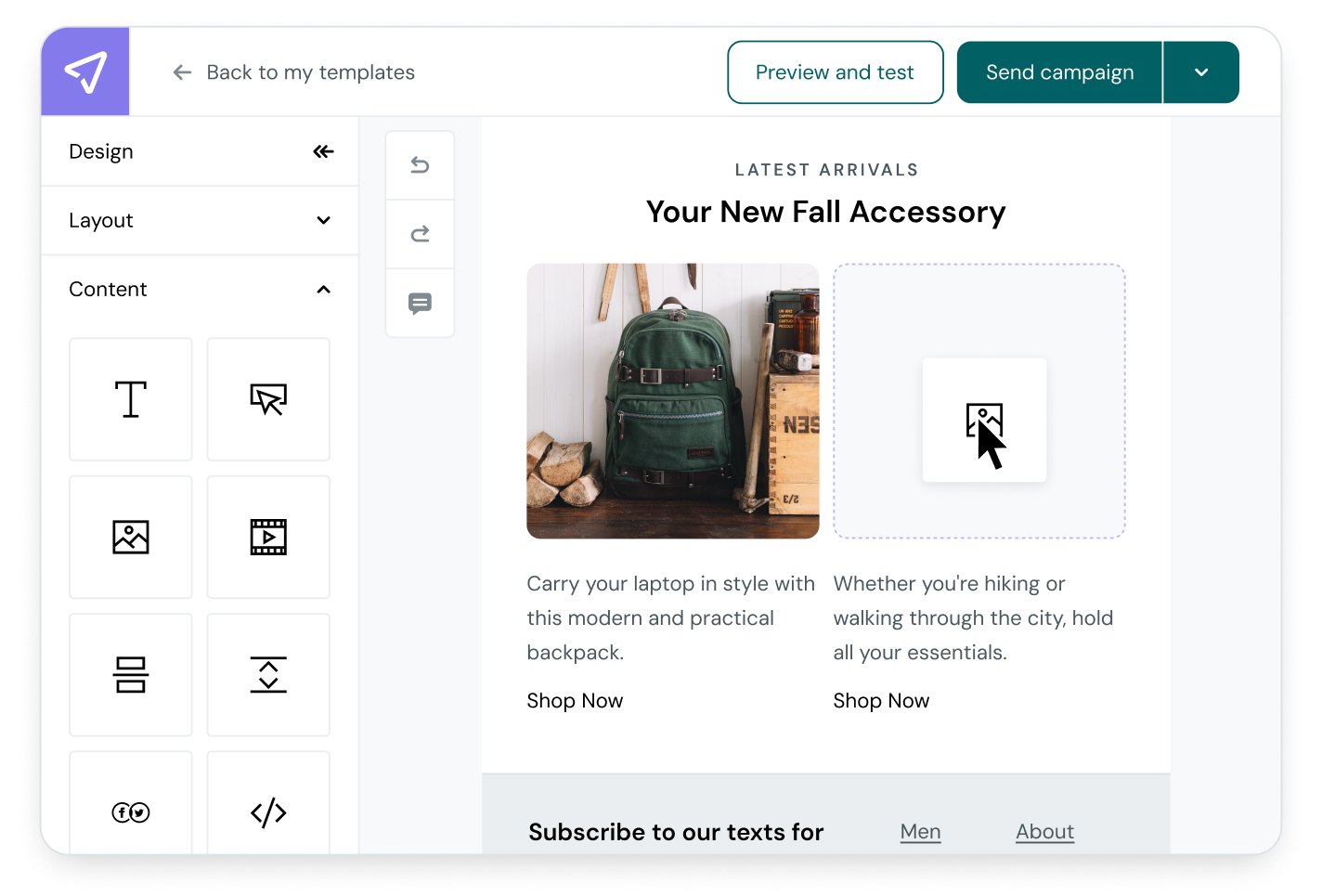 Mailjet's drag and drop email editor.