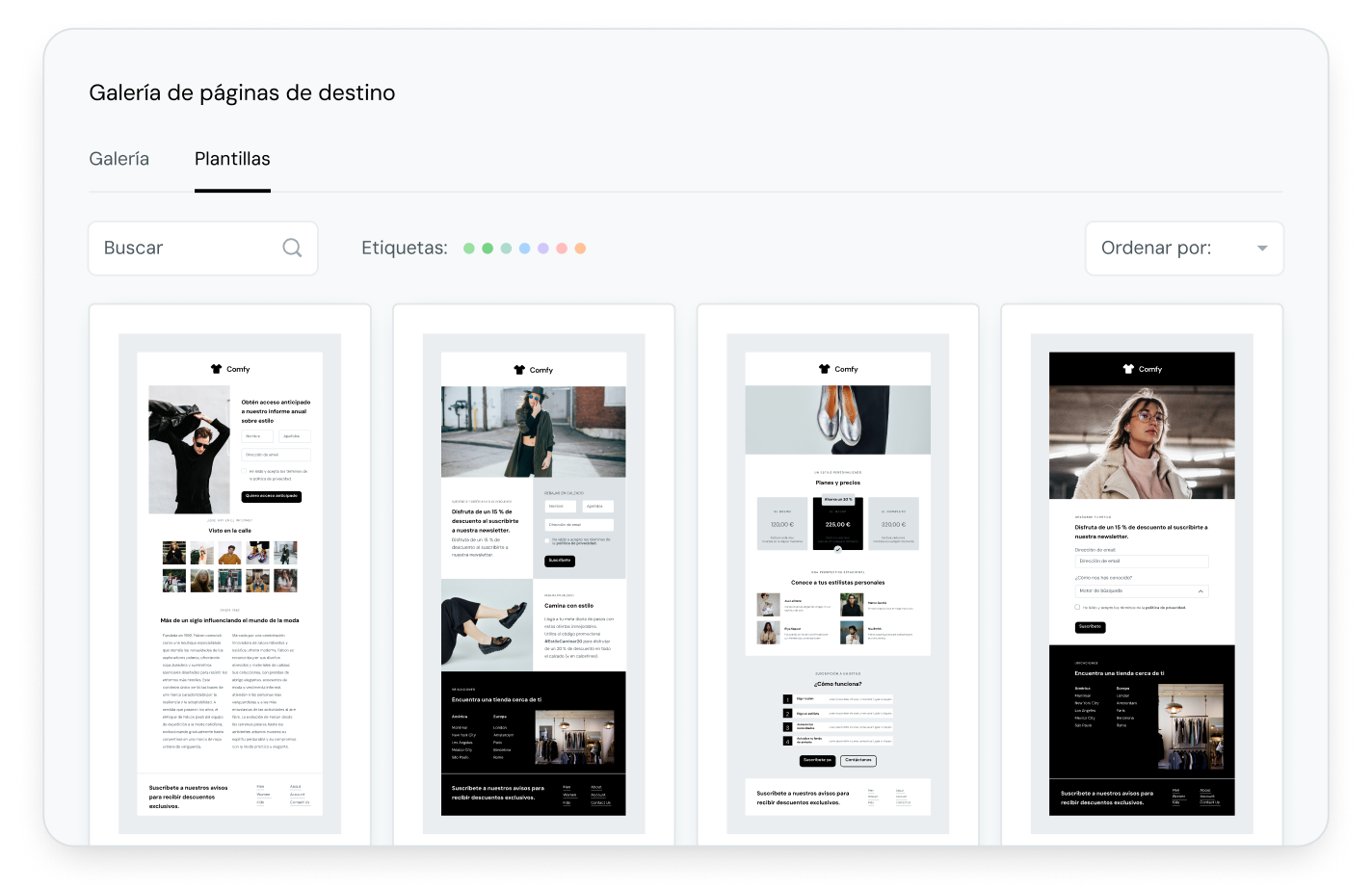Galería de plantillas para páginas de destino diseñadas con Mailjet