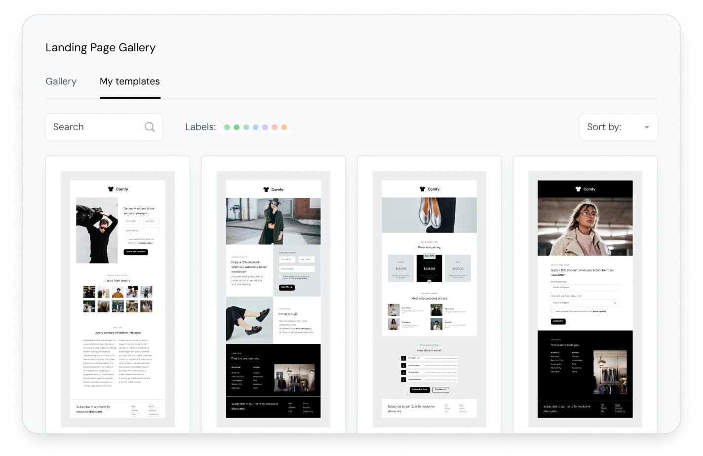 Template gallery for landing pages built with Mailjet