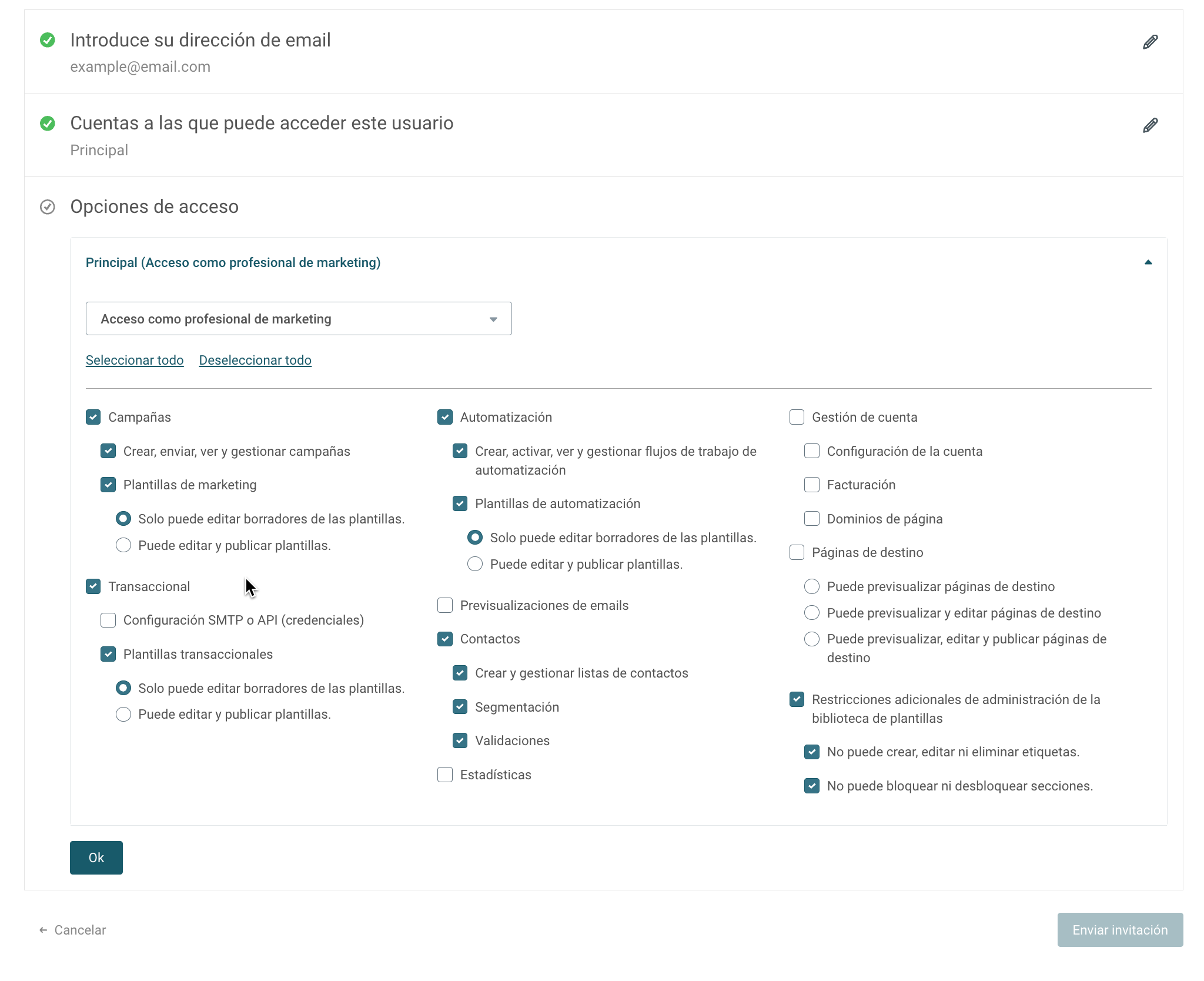 Una captura de pantalla del acceso multiadministrador en la plataforma de Sinch Mailjet.