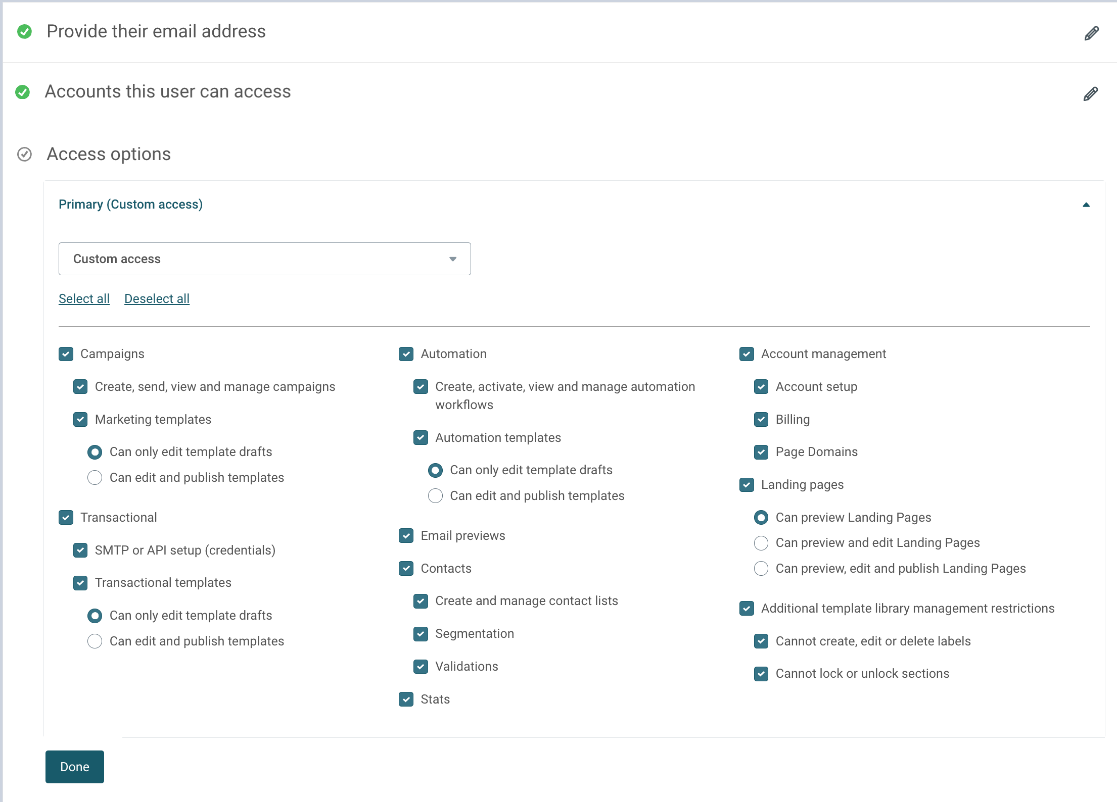 A screenshot of the multi-admin access screen from the Sinch Mailjet platform