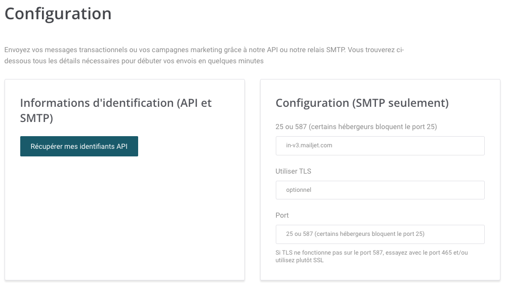 Capture d’écran de l’interface de paramétrage du SMTP dans votre compte Mailjet