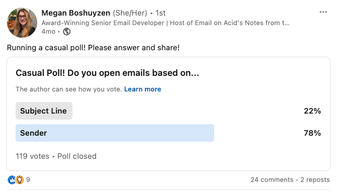 Resultados de una encuesta de LinkedIn sobre remitente vs. línea de asunto