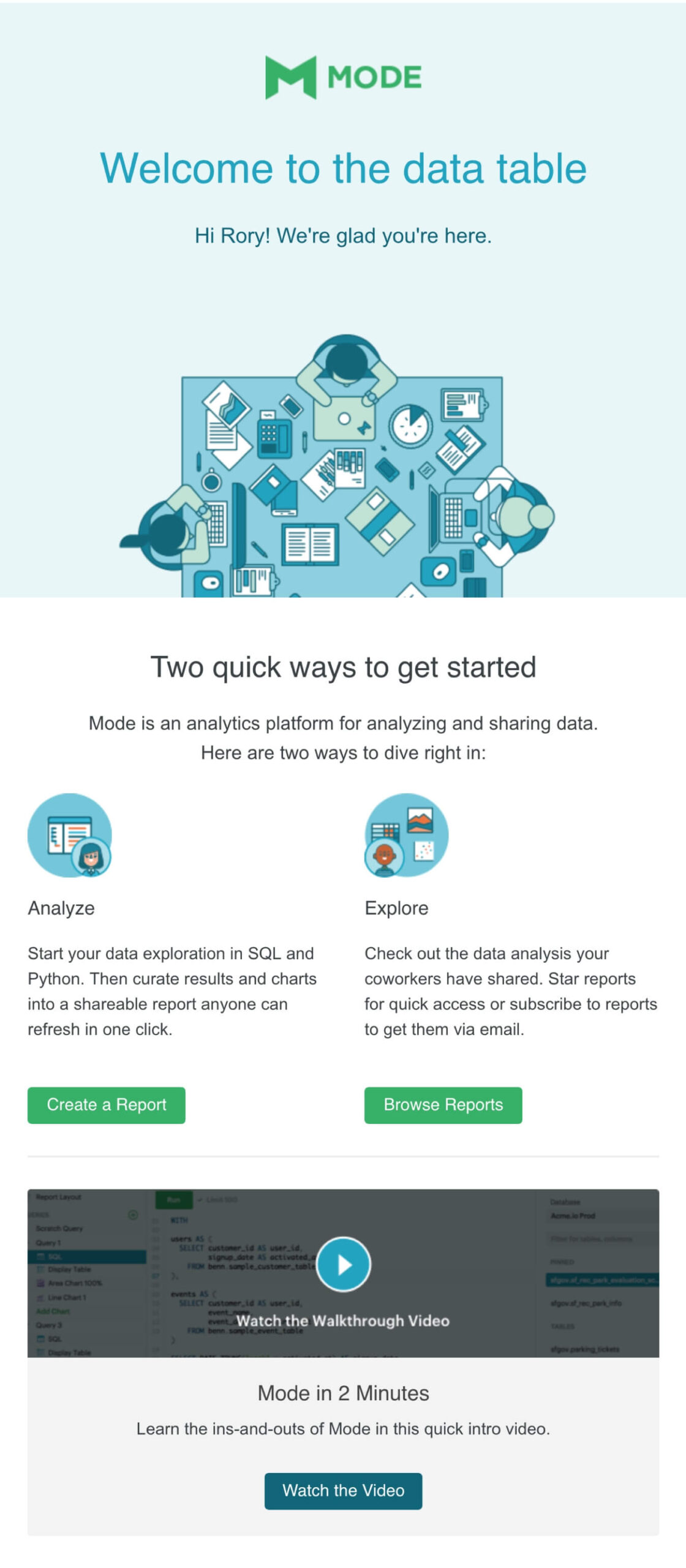 Mode's welcome email includes a how-to video as an interactive