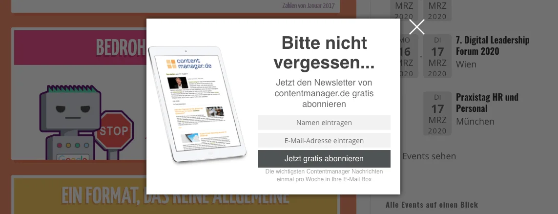 Beispiel eines Newletter-Anmelde Pop-up Fensters 