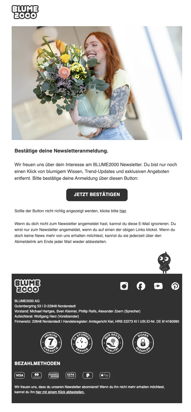 Blume 2000 E-Mail für die Bestätigung der Newsletteranmeldung