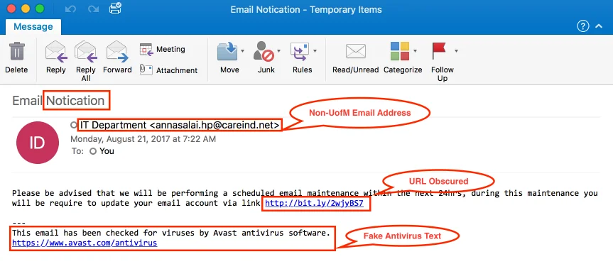 Captura de pantalla de un email y marcas que indican cuáles son las señales del intento de phishing.