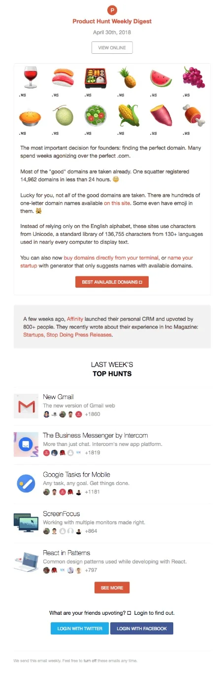 Product Hunt email newsletter example