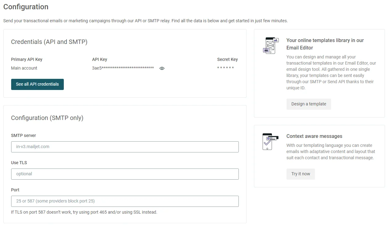 Configuration page for email sending via API or SMTP, showing credential fields, SMTP settings, and sidebars for email templates and context-aware messaging features.