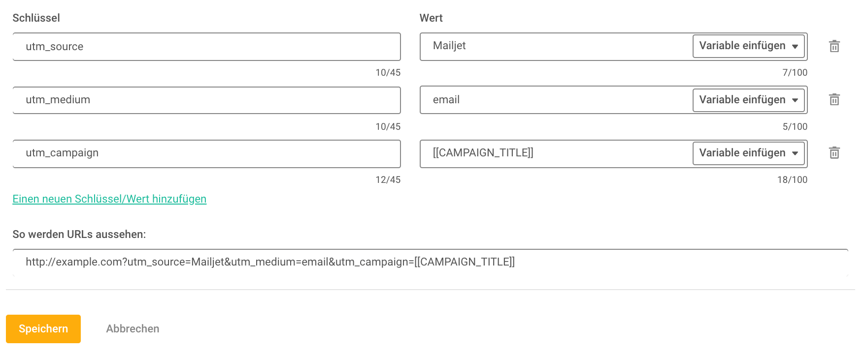 Dashboard zur UTM-Erstellung in Mailjet