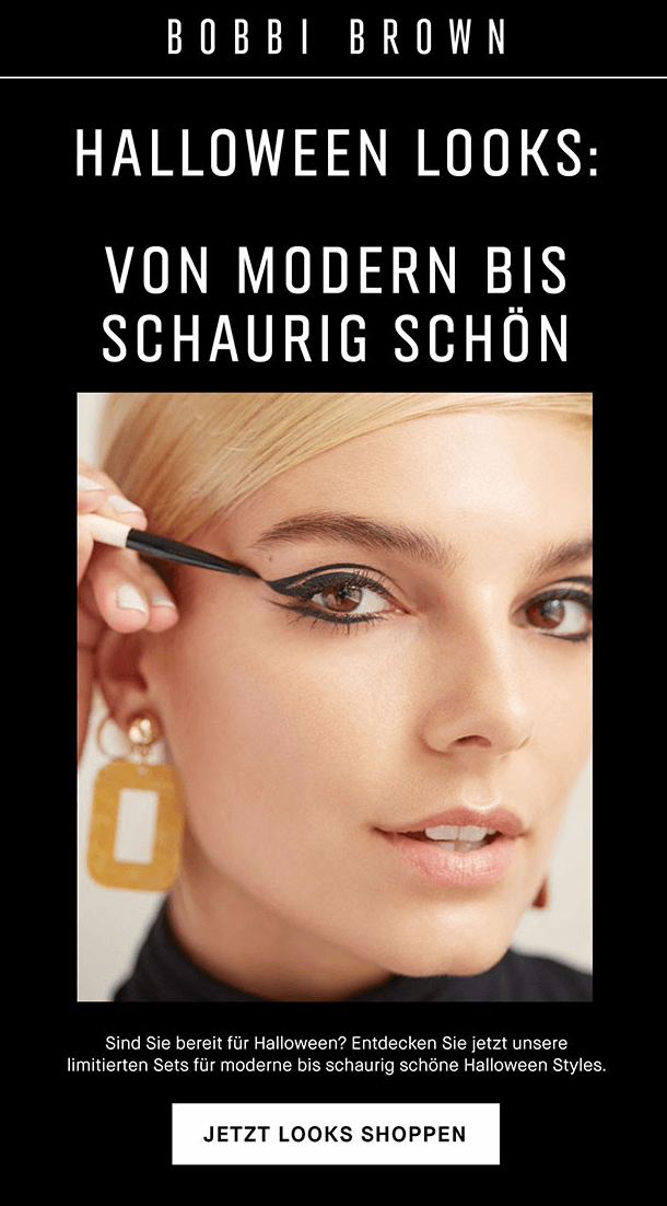 Newsletter zu Halloween von Bobbi Brown der mit einem schaurigen Look für Halloween-Partys wirbt